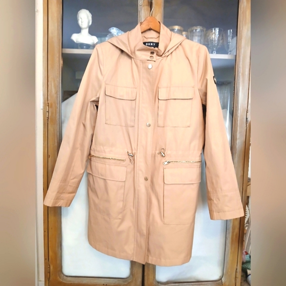 DKNY Women's Tan Hooded trench raincoat - m